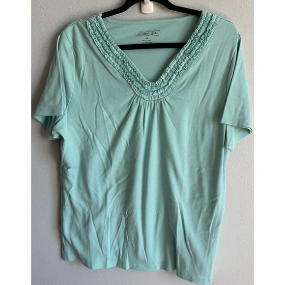 Crystal Kobe Womens Mint Green Short Sleeve Ruffle V-Neck Tee 2X Basic Casual - Picture 1 of 8